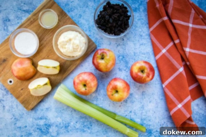 apple-raisin-salad-ip-3-min Overhead view of 4 5 apples (one chopped), two stalks of celery, a bowl of raisins, a bowl with mayonnaise, a small bowl with lemon juice, and a small bowl with sugars all on a blue surface with a coral plaid towel to the side