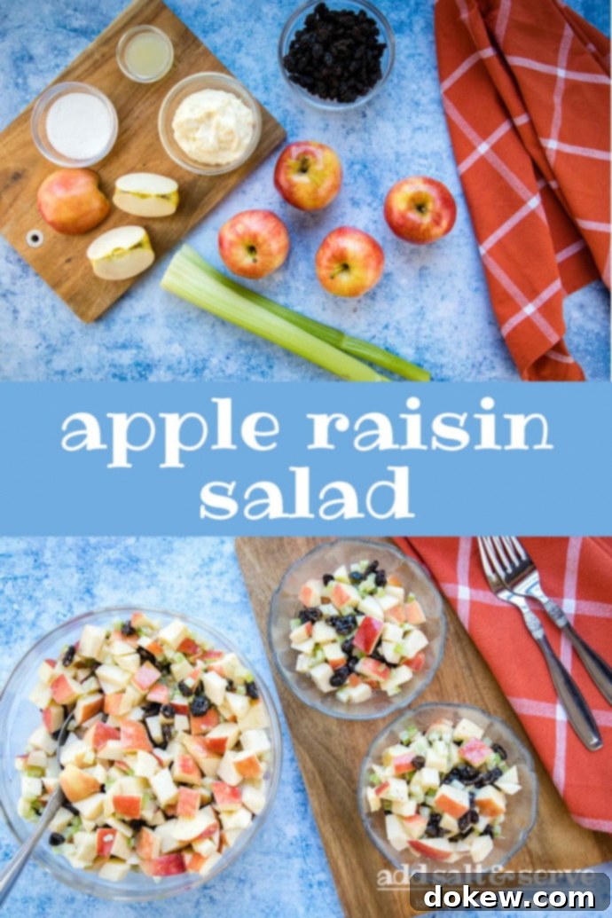 apple-raisin-salad-pin-min Composite of two images: Overhead view of 4 5 apples (one chopped), two stalks of celery, a bowl of raisins, a bowl with mayonnaise, a small bowl with lemon juice, and a small bowl with sugars all on a blue surface with a coral plaid towel to the side on top, Text Apple Raisin Salad in the middle, and overhead view of salad with chopped apples, raisins, and celery with a coral plaid towel and two forks on bottom