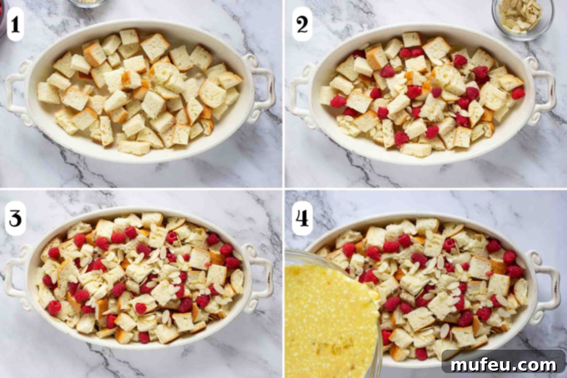 Composite image: 1- a layer of cubes of brioche bread in a casserole dish; 2- raspberries and almonds added to the bread cubes; 3- another layer of bread cubes, raspberries and almonds added; 4- egg mixture being poured over the bread cubes, berries, and almonds.