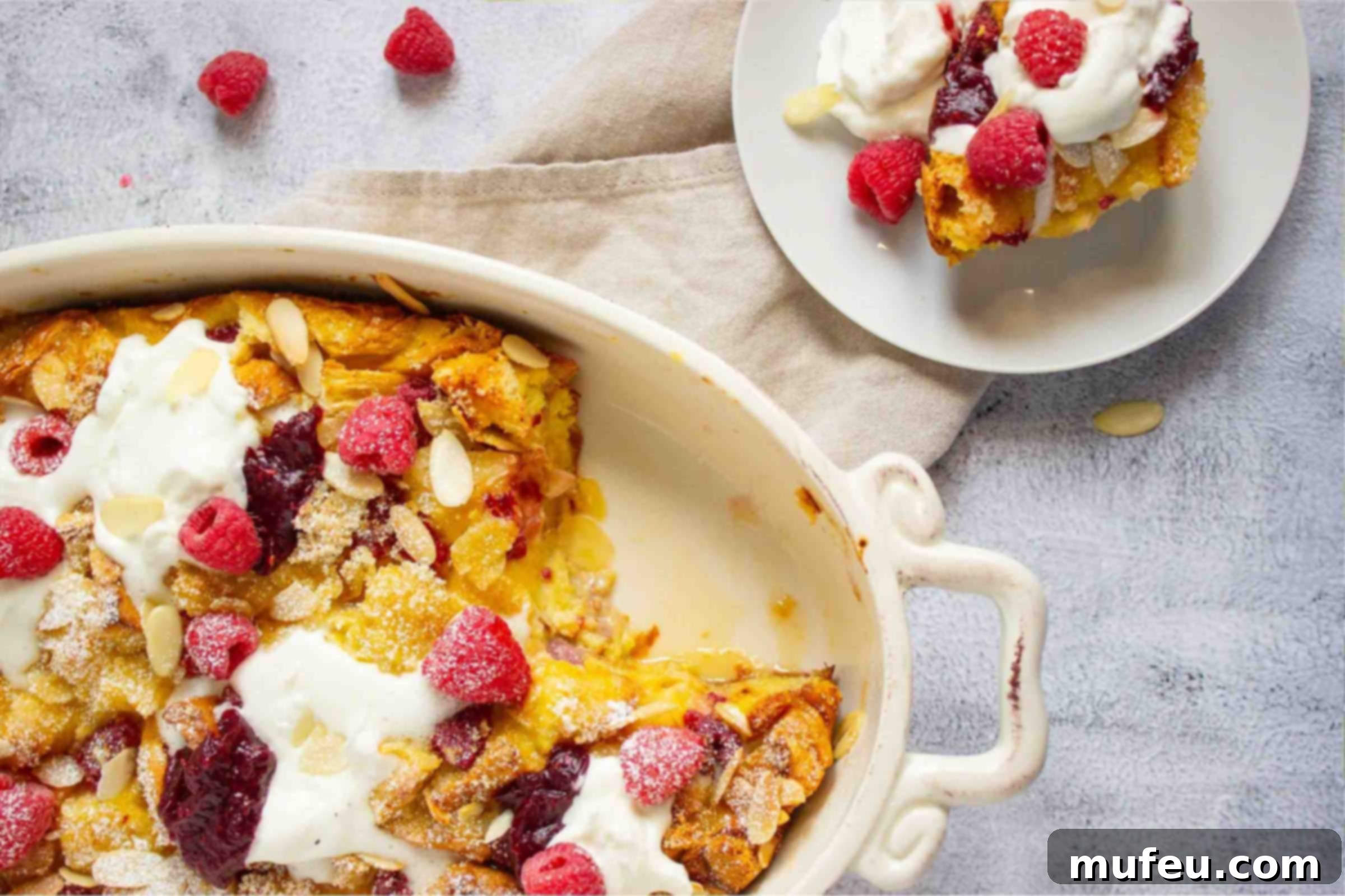 French toast bake with berries and almonds garnished with powdered sugar, whipped cream, and jam in a casserole dish with a serving on a plate.